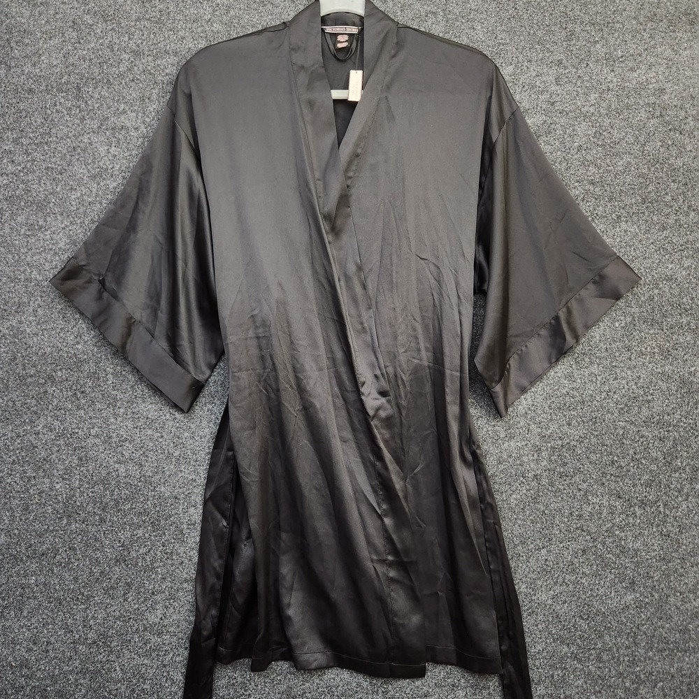 Victoria's Secret Womens M/L Black Satin Midi Kimono Style Robe Front Tie Lounge